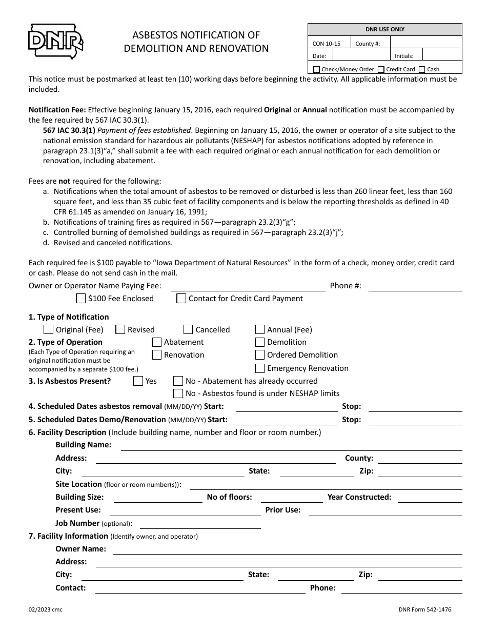 DNR Form 542-1476 Asbestos Notification of Demolition and Renovation - Iowa, Page 1