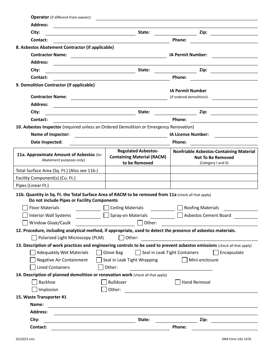 DNR Form 542-1476 Asbestos Notification of Demolition and Renovation - Iowa, Page 2