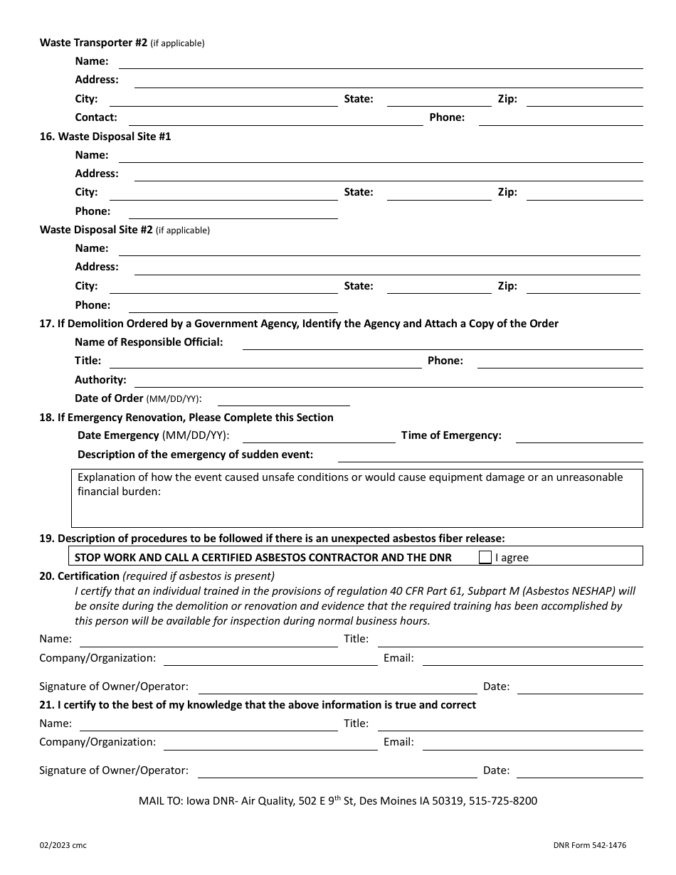 DNR Form 542-1476 Asbestos Notification of Demolition and Renovation - Iowa, Page 3