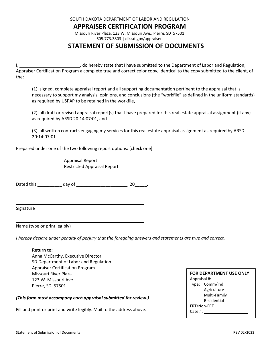 Statement of Submission of Documents - South Dakota, Page 1