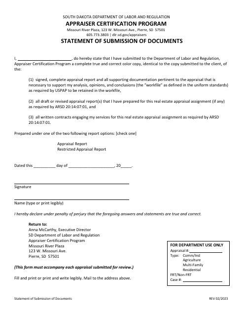 Statement of Submission of Documents - South Dakota