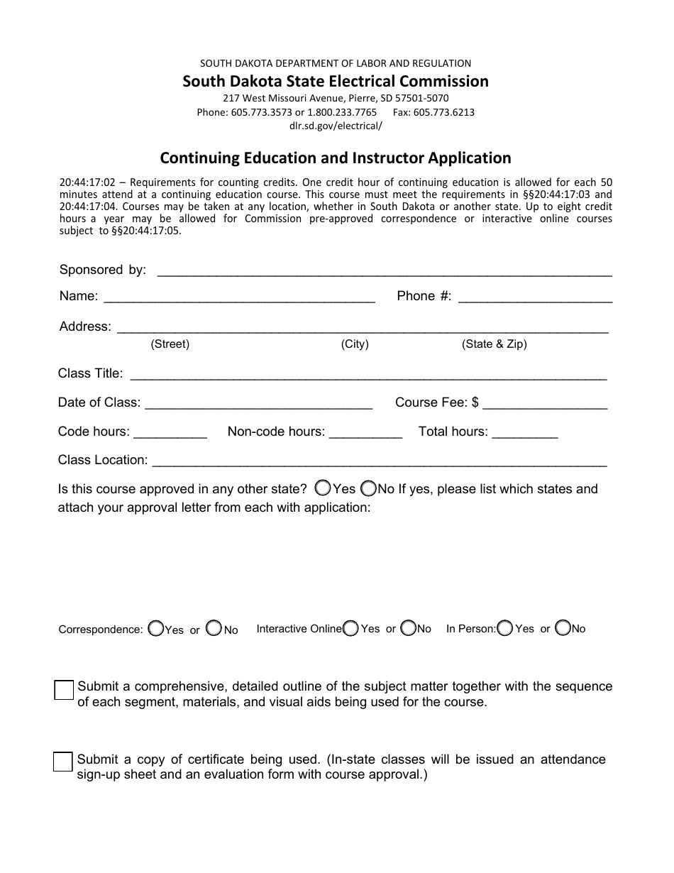 Continuing Education and Instructor Application - South Dakota, Page 1