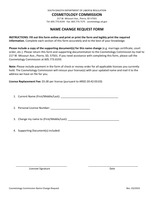 Name Change Request Form - South Dakota Download Pdf
