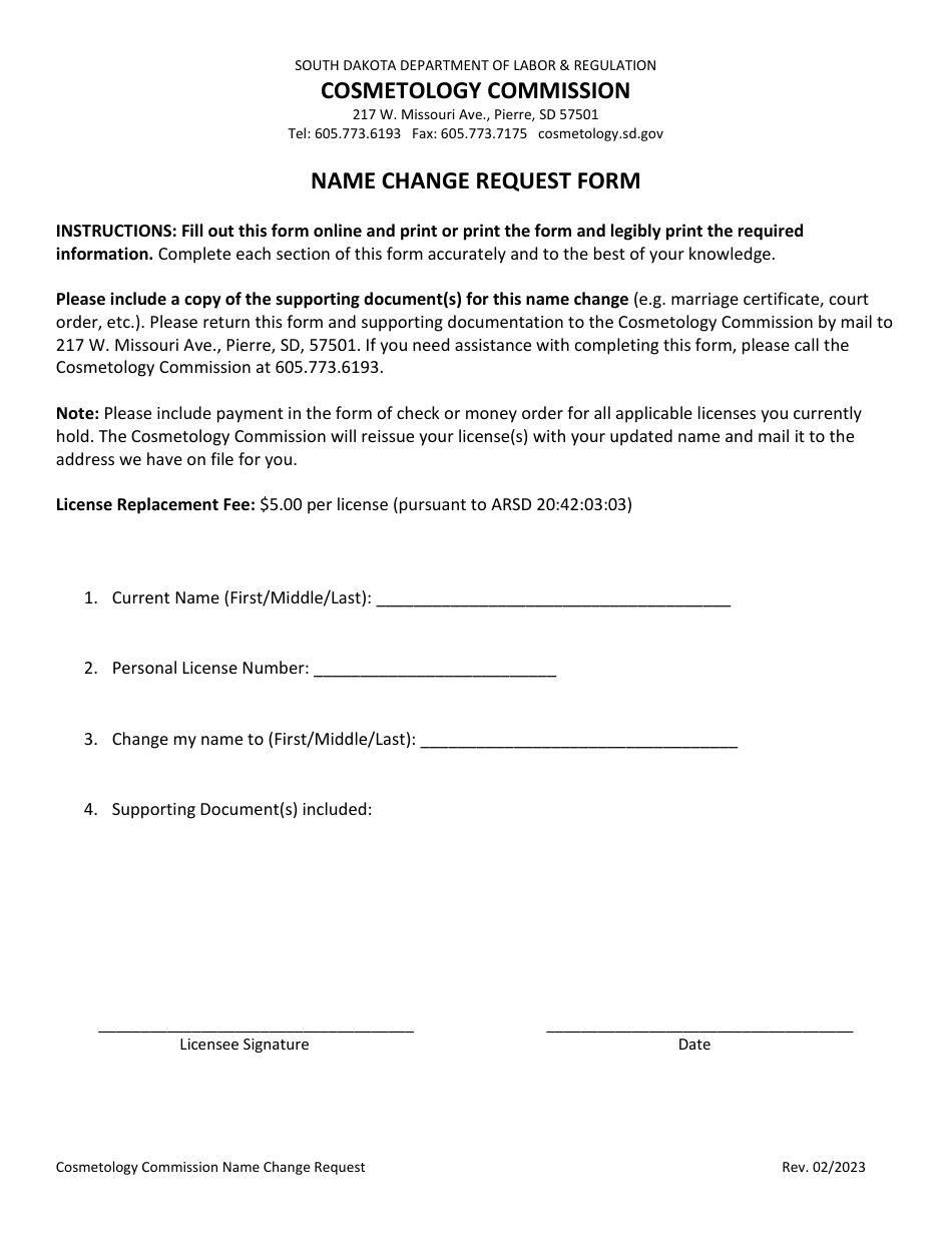 Name Change Request Form - South Dakota, Page 1