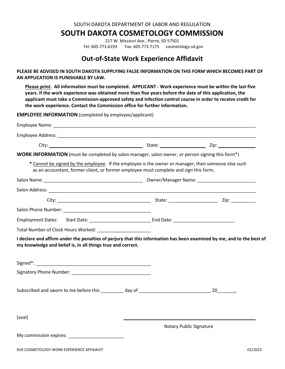 Out-of-State Work Experience Affidavit - South Dakota, Page 1