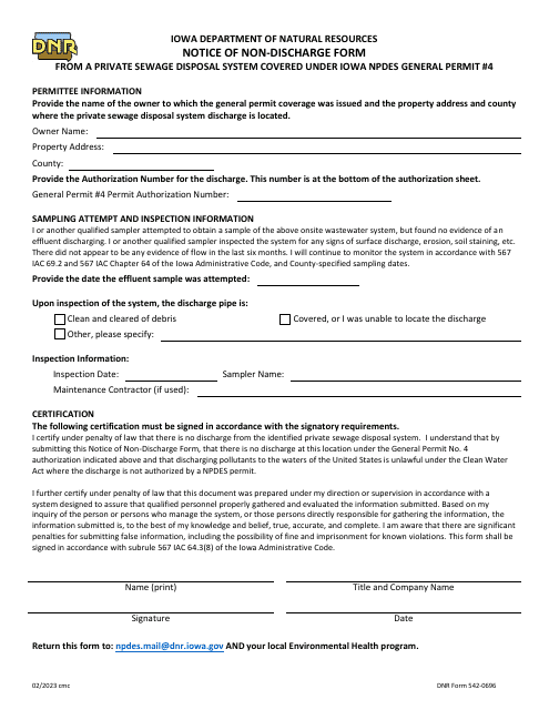 DNR Form 542-0696  Printable Pdf