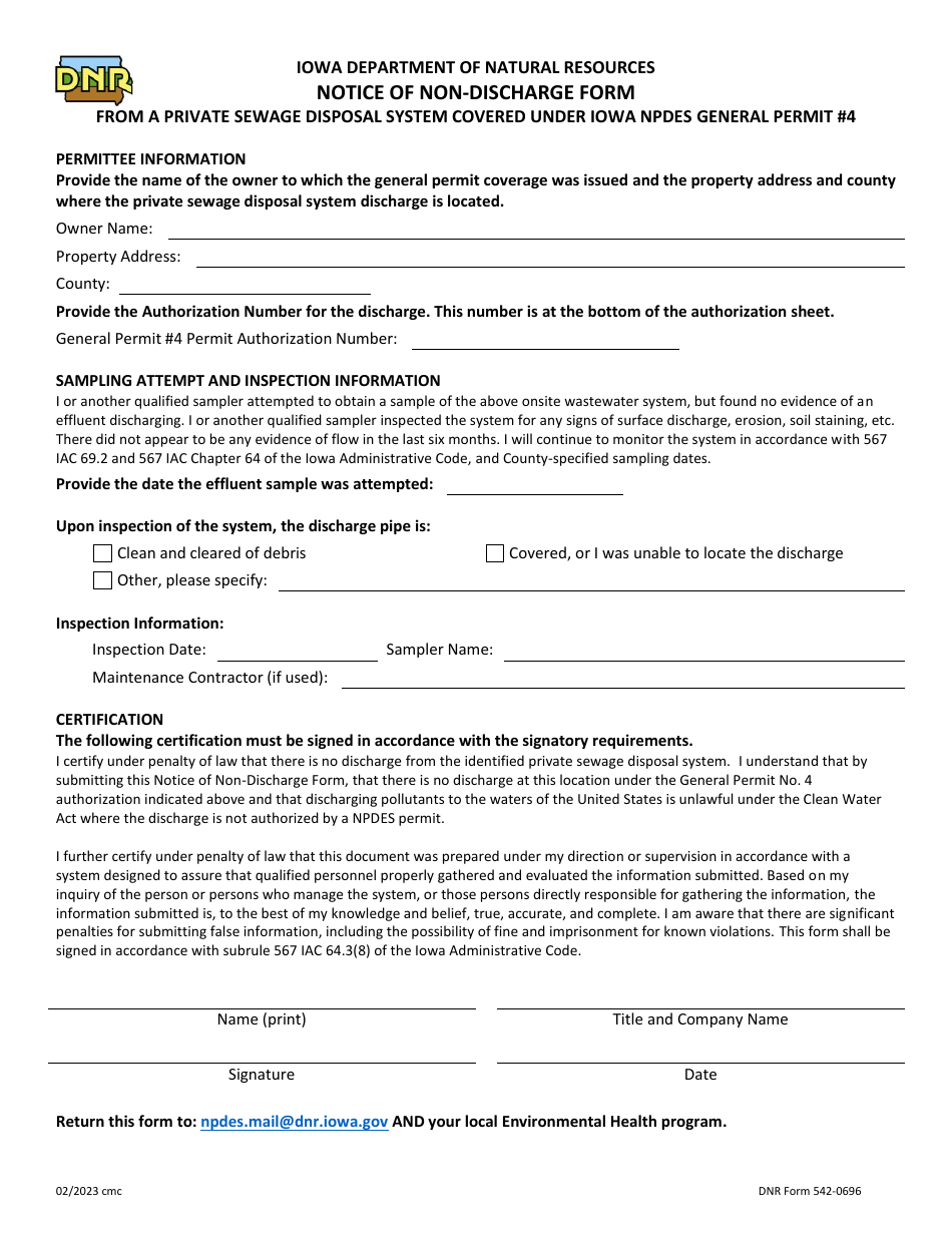 DNR Form 542-0696 Notice of Non-discharge Form From a Private Sewage Disposal System Covered Under Iowa Npdes General Permit #4 - Iowa, Page 1