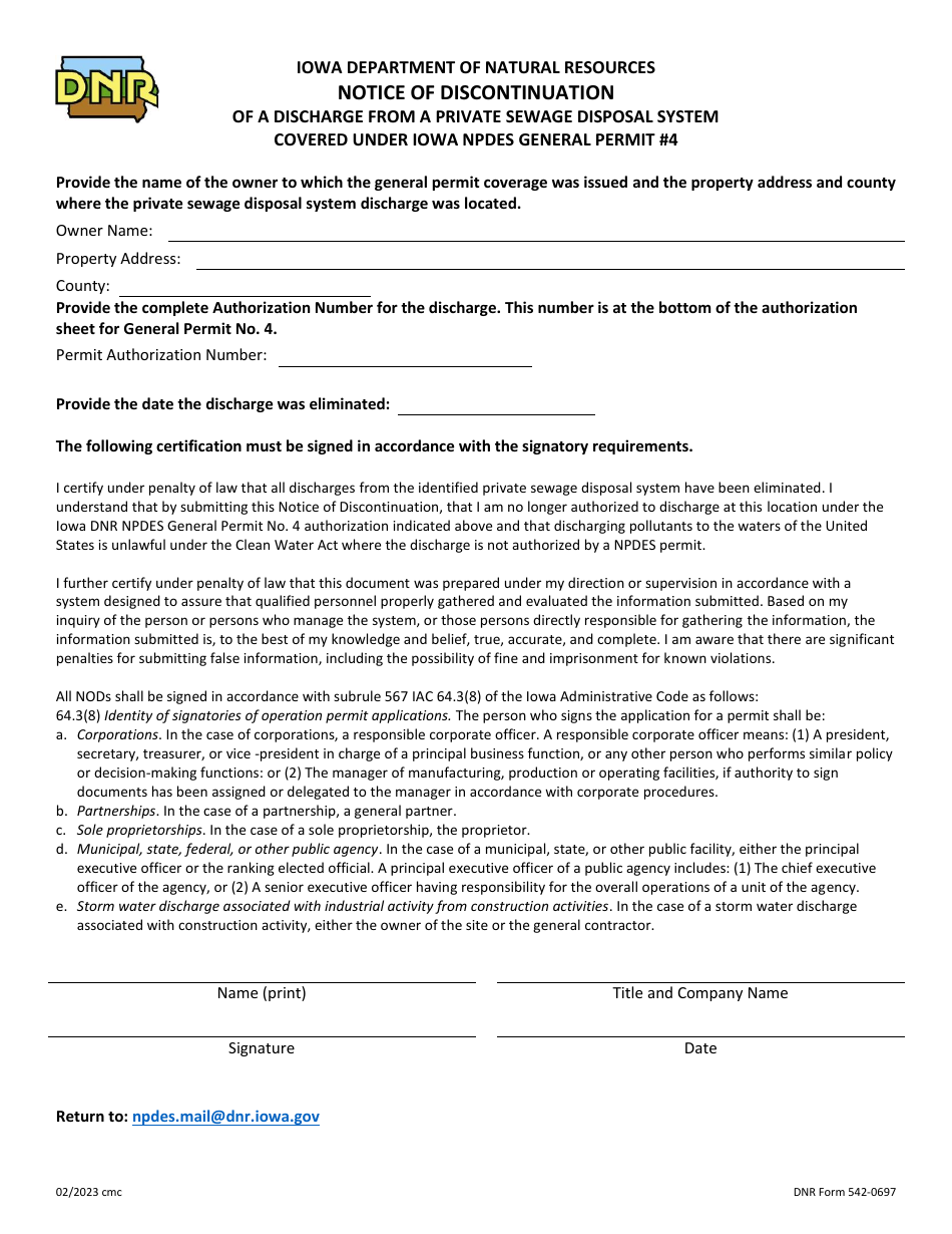 DNR Form 542-0697 Notice of Discontinuation of a Discharge From a Private Sewage Disposal System Covered Under Iowa Npdes General Permit #4 - Iowa, Page 1