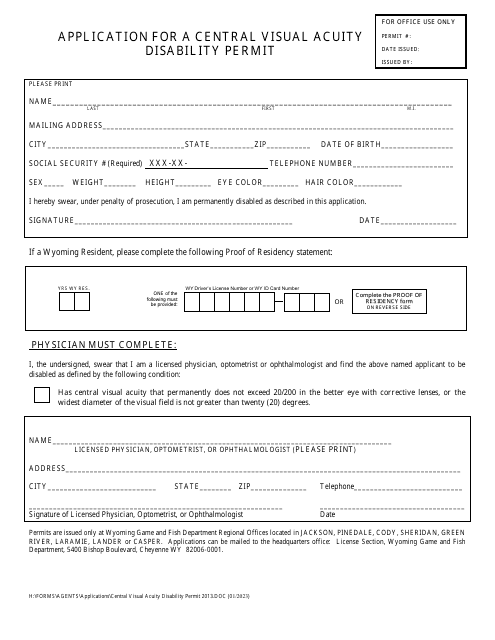 Application for a Central Visual Acuity Disability Permit - Wyoming Download Pdf