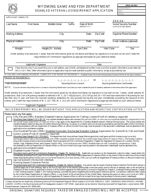 Disabled Veteran License/Permit Application - Wyoming