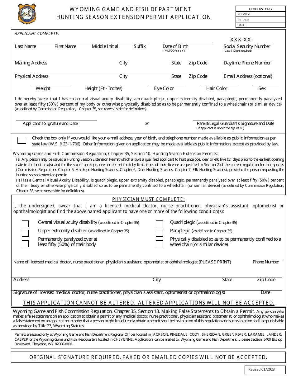 Hunting Season Extension Permit Application - Wyoming, Page 1