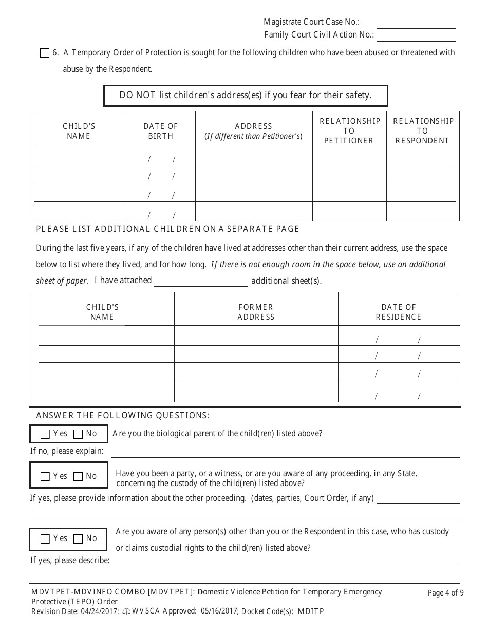 Form MDVTPET-INFO COMBO Civil Case Information Statement - Domestic Violence Cases - West Virginia, Page 4