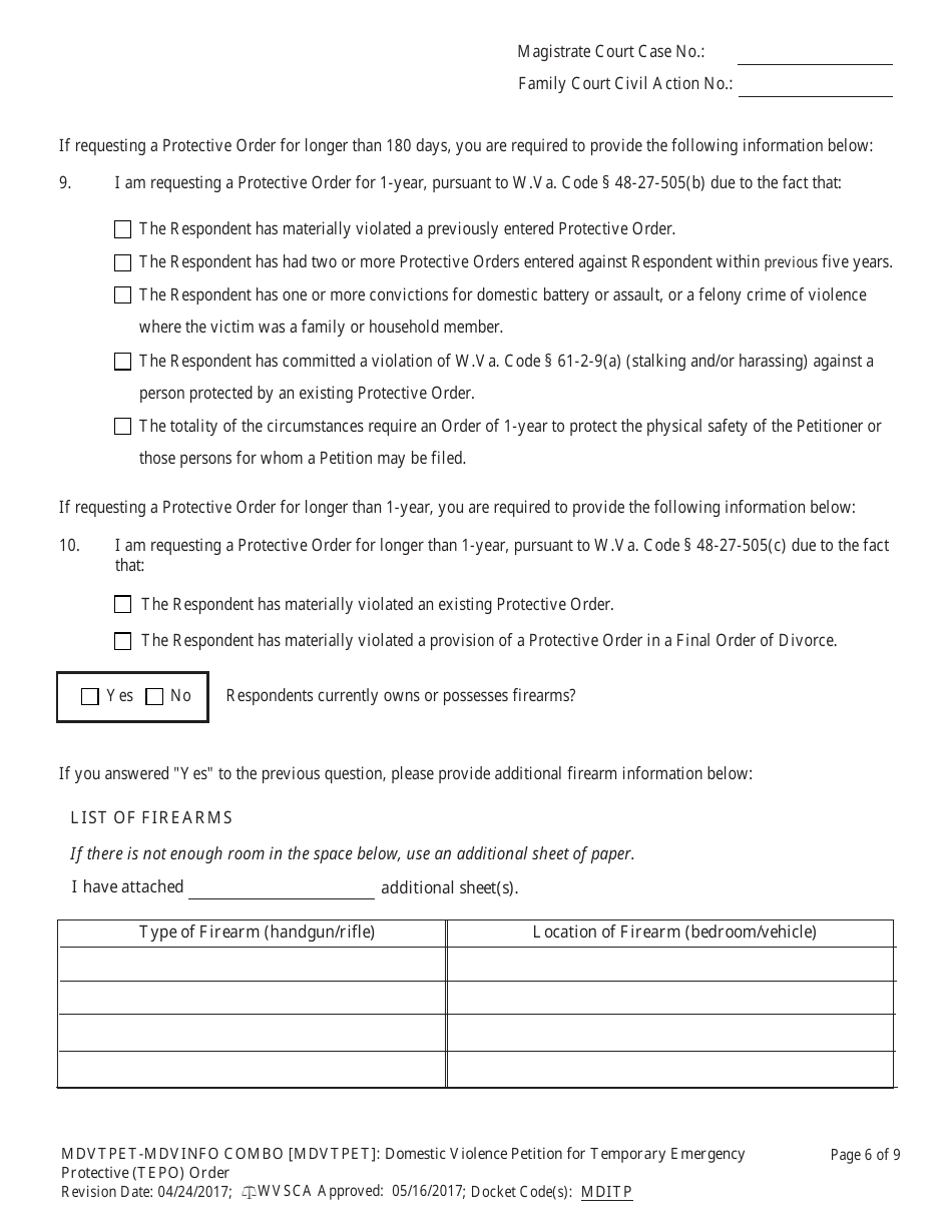Form MDVTPET-INFO COMBO Civil Case Information Statement - Domestic Violence Cases - West Virginia, Page 6