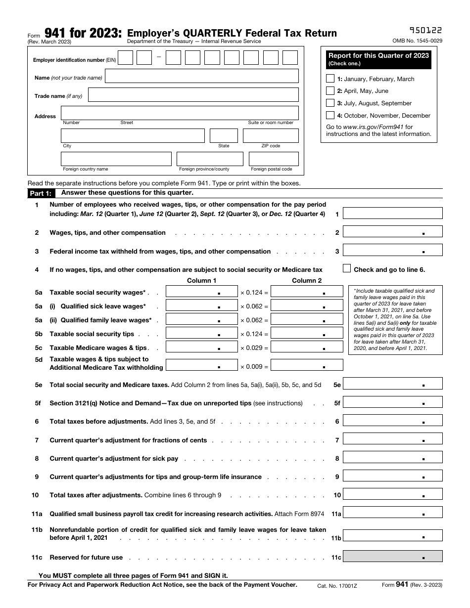 IRS Form 941 Employers Quarterly Federal Tax Return, Page 1