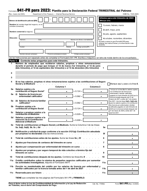 IRS Formulario 941-PR Planilla Para La Declaracion Federal Trimestral Del Patrono (Puerto Rican Spanish), 2023