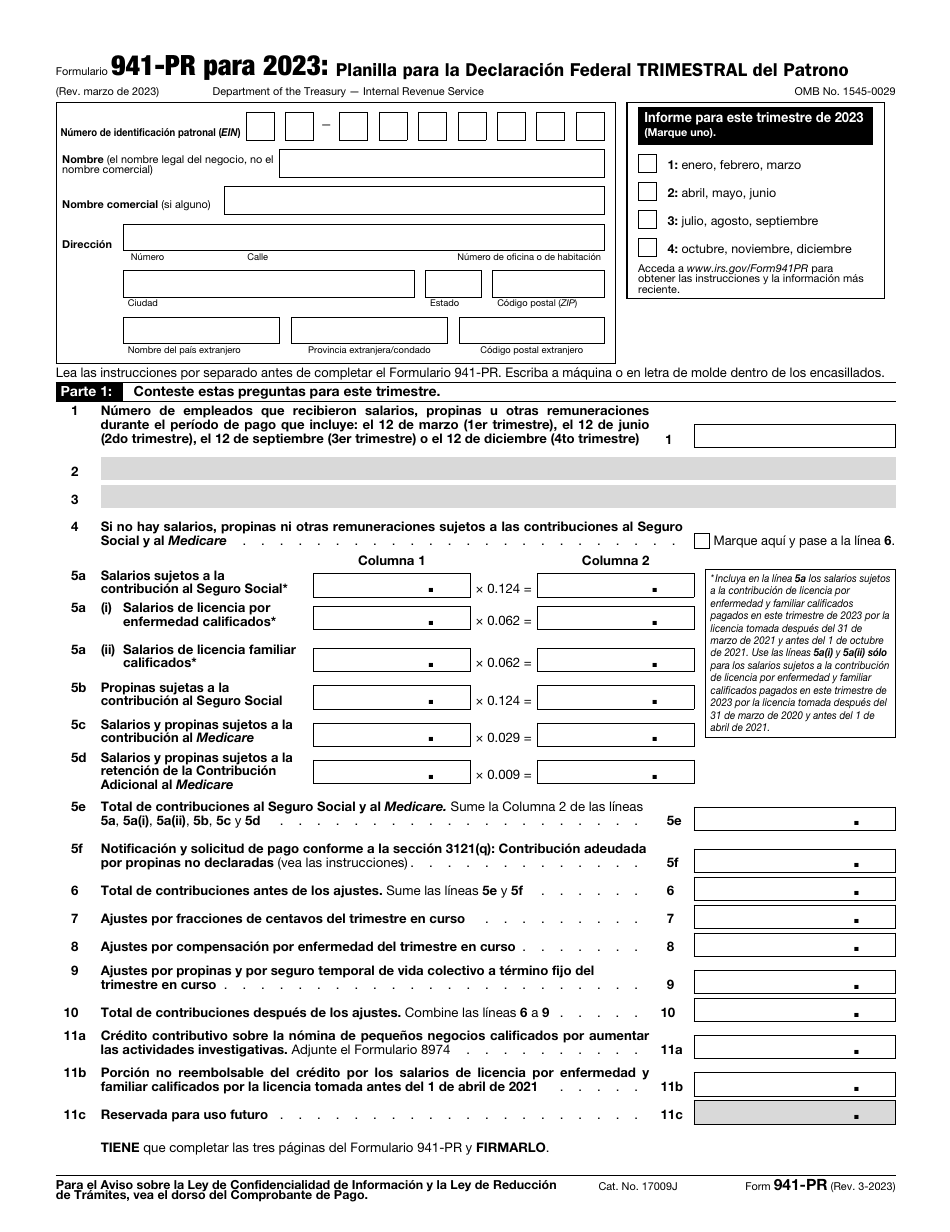IRS Formulario 941-PR Planilla Para La Declaracion Federal Trimestral Del Patrono (Puerto Rican Spanish), Page 1