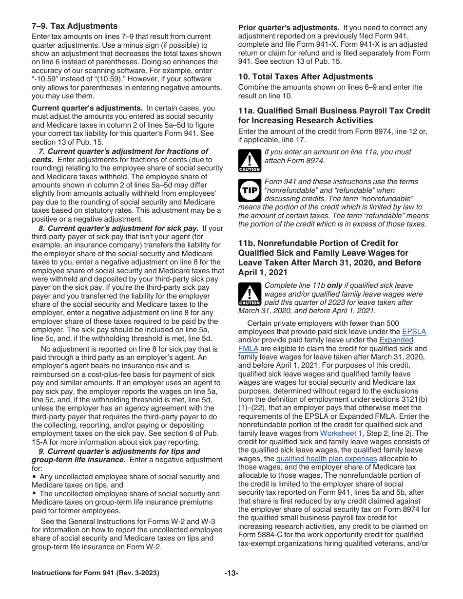 Instructions for IRS Form 941 Employers Quarterly Federal Tax Return, Page 13