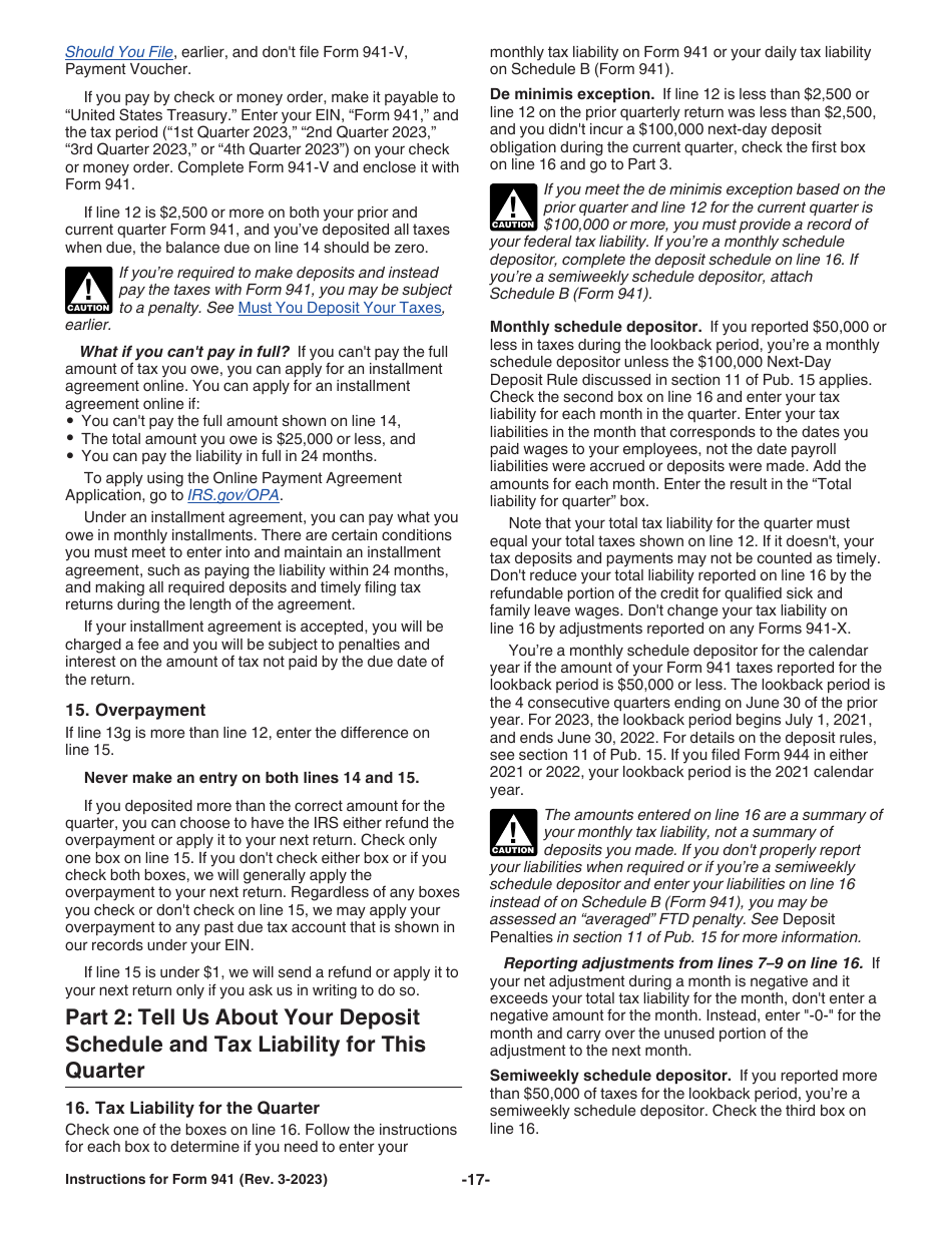 Instructions for IRS Form 941 Employers Quarterly Federal Tax Return, Page 17
