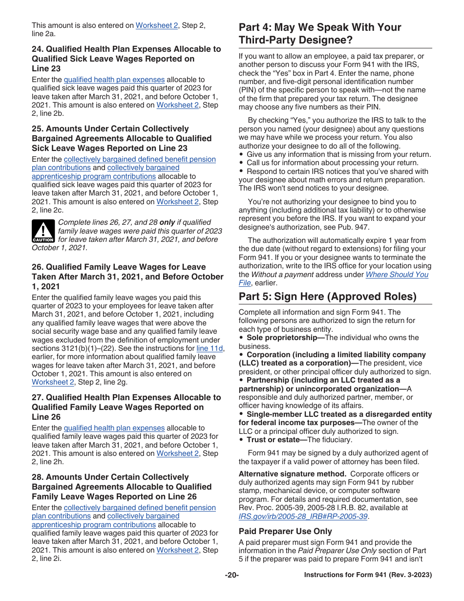 Instructions for IRS Form 941 Employers Quarterly Federal Tax Return, Page 20