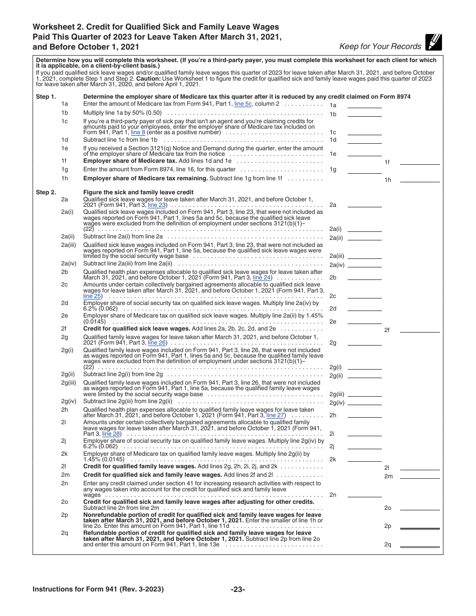 Download Instructions for IRS Form 941 Employer's Quarterly Federal Tax