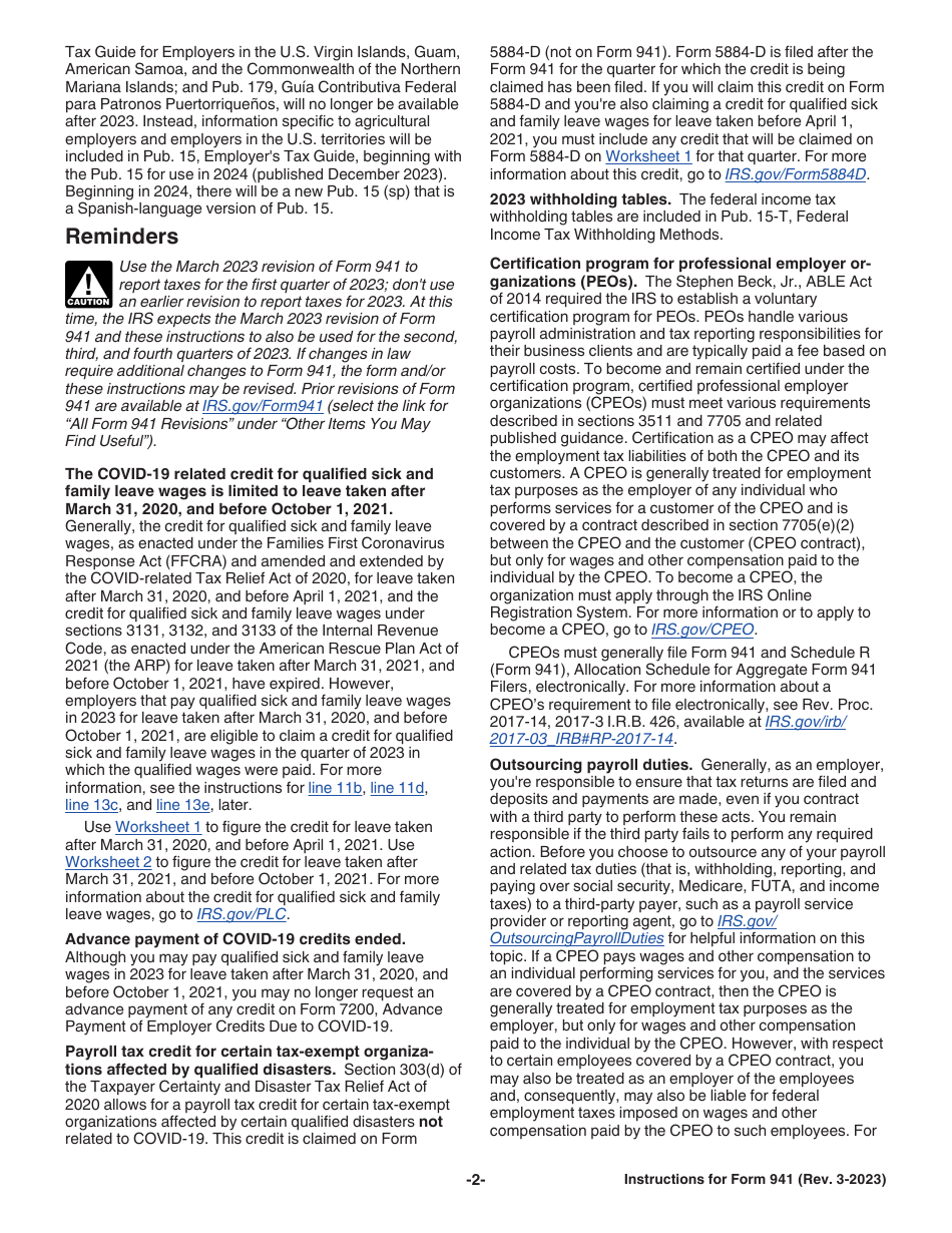 Instructions for IRS Form 941 Employers Quarterly Federal Tax Return, Page 2