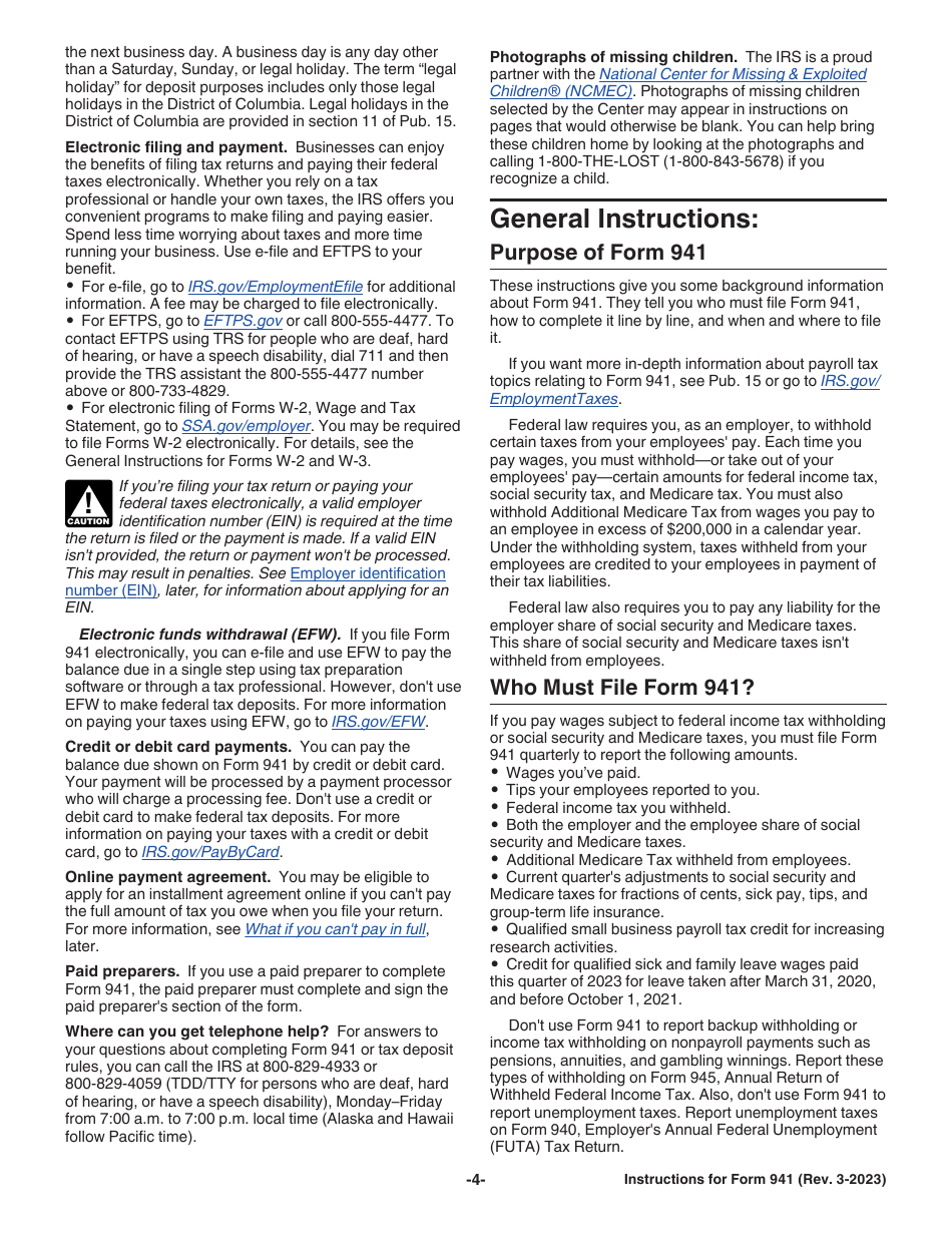 Download Instructions for IRS Form 941 Employer's Quarterly Federal Tax ...
