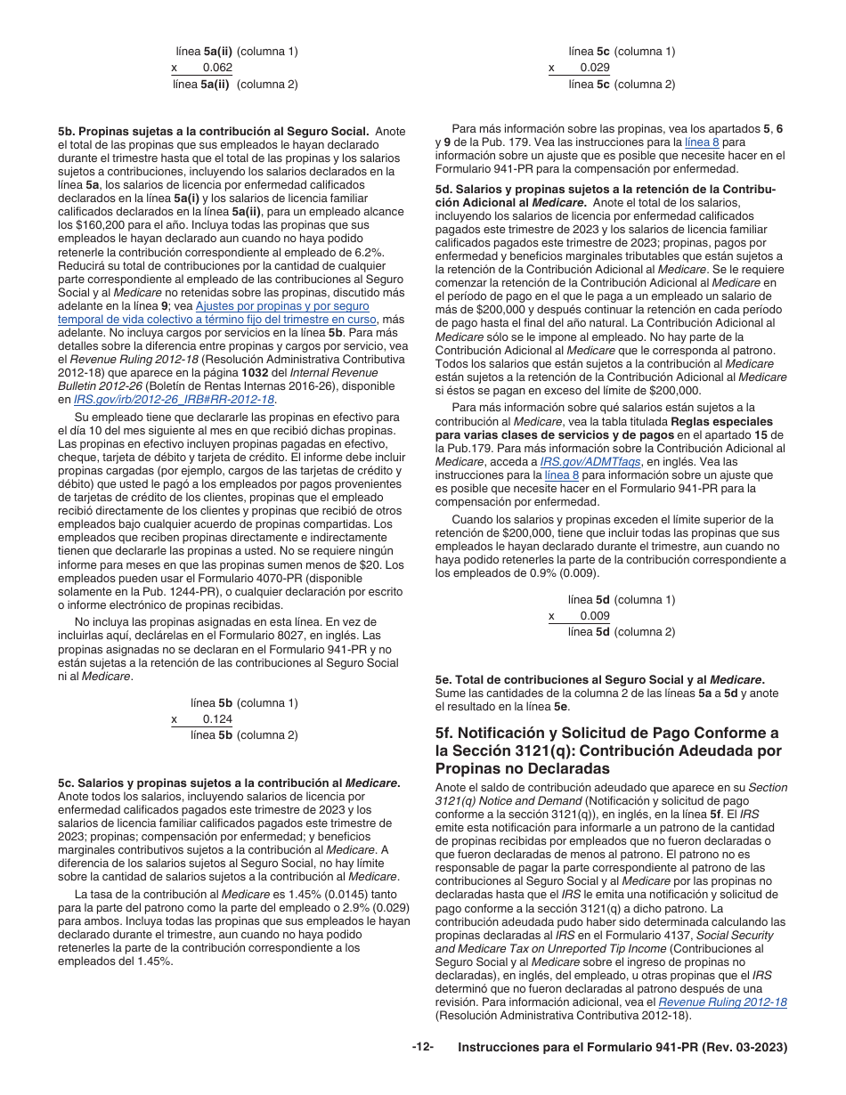 Instrucciones para IRS Formulario 941-PR Planilla Para La Declaracion Federal Trimestral Del Patrono (Puerto Rican Spanish), Page 12