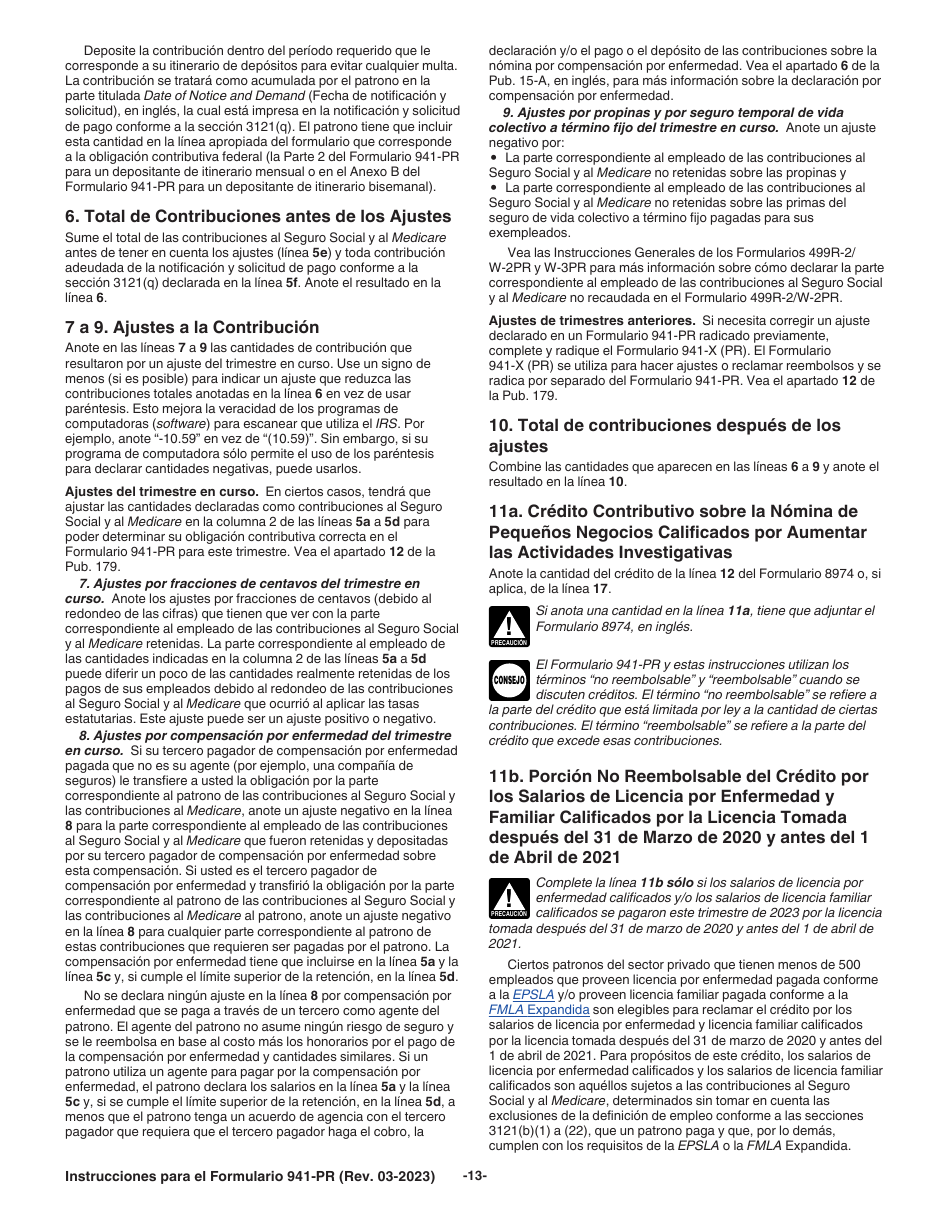 Instrucciones para IRS Formulario 941-PR Planilla Para La Declaracion Federal Trimestral Del Patrono (Puerto Rican Spanish), Page 13