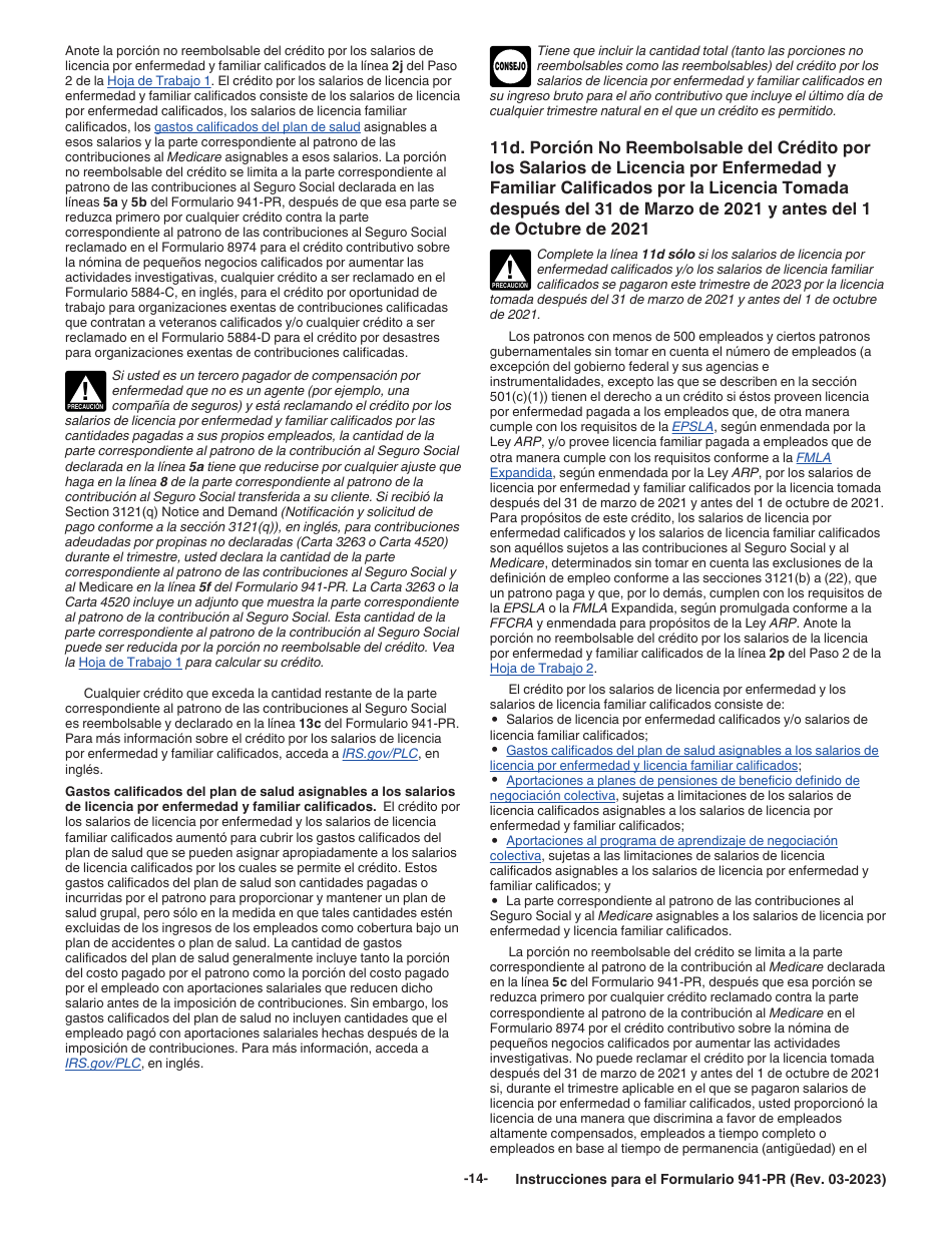 Instrucciones para IRS Formulario 941-PR Planilla Para La Declaracion Federal Trimestral Del Patrono (Puerto Rican Spanish), Page 14