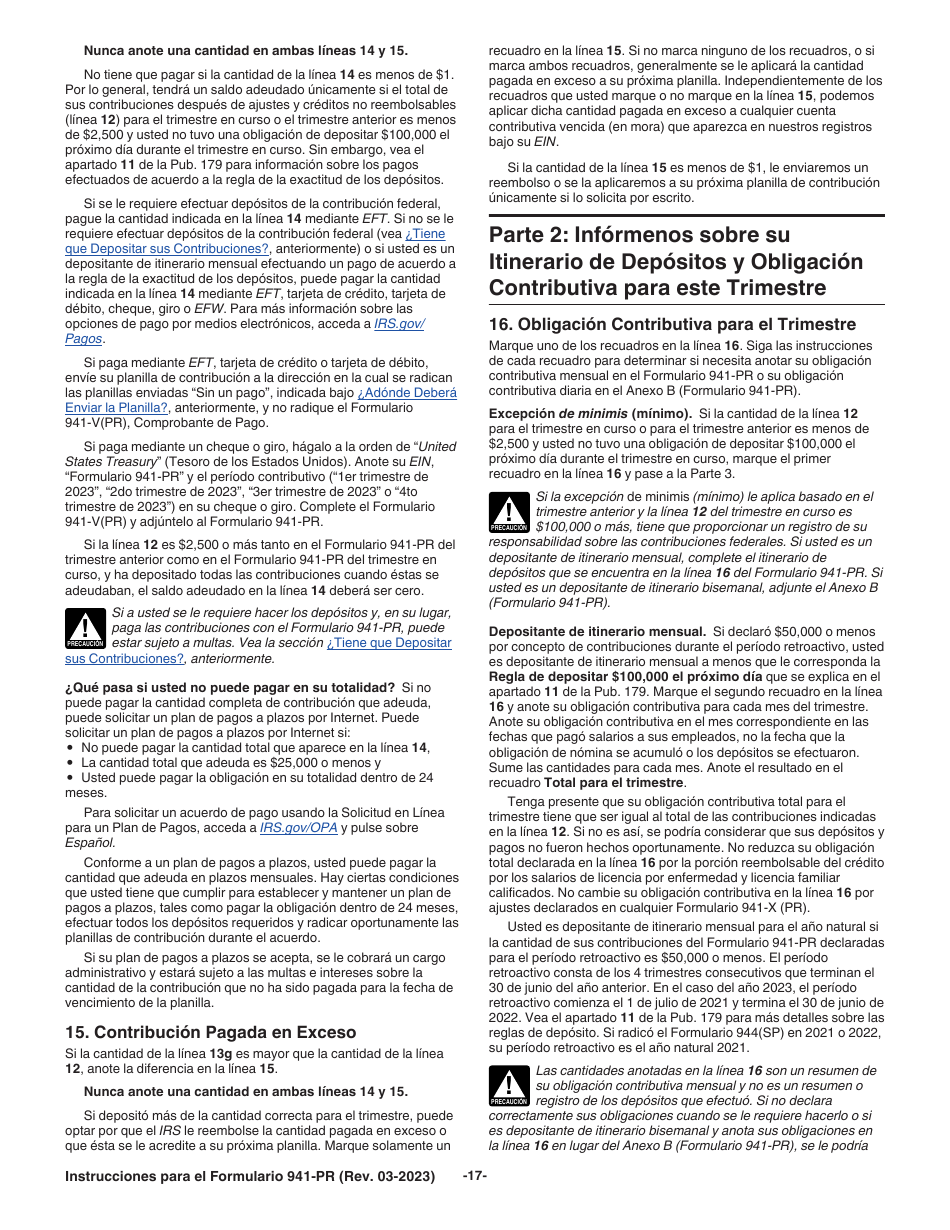 Instrucciones para IRS Formulario 941-PR Planilla Para La Declaracion Federal Trimestral Del Patrono (Puerto Rican Spanish), Page 17
