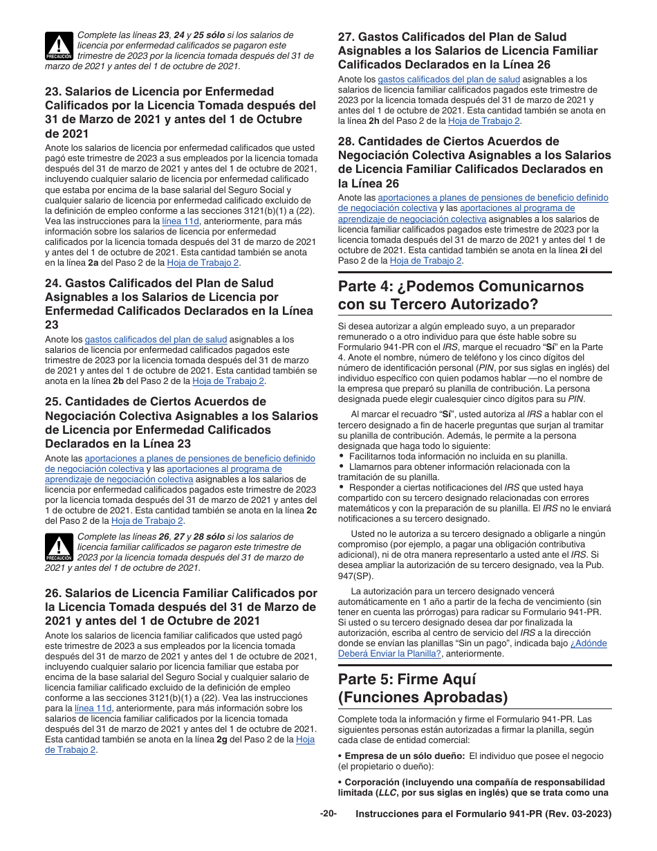 Instrucciones para IRS Formulario 941-PR Planilla Para La Declaracion Federal Trimestral Del Patrono (Puerto Rican Spanish), Page 20
