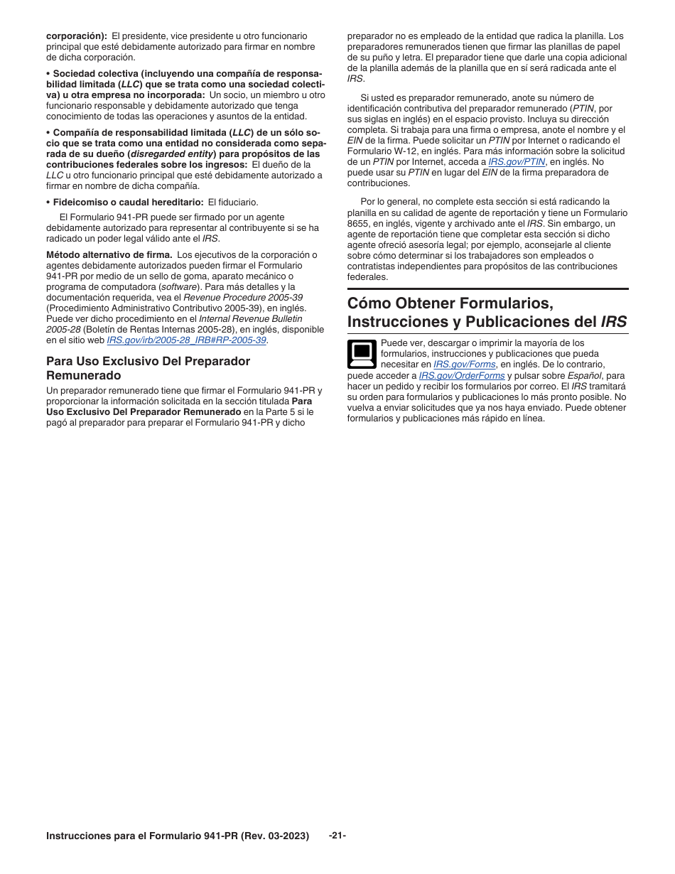 Instrucciones para IRS Formulario 941-PR Planilla Para La Declaracion Federal Trimestral Del Patrono (Puerto Rican Spanish), Page 21