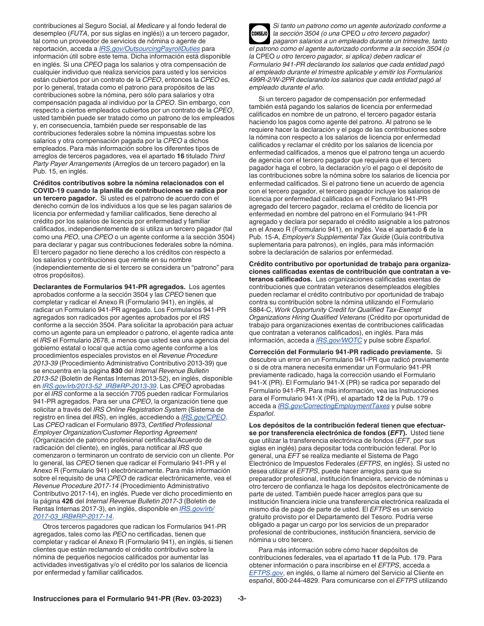 Instrucciones para IRS Formulario 941-PR Planilla Para La Declaracion Federal Trimestral Del Patrono (Puerto Rican Spanish), Page 3