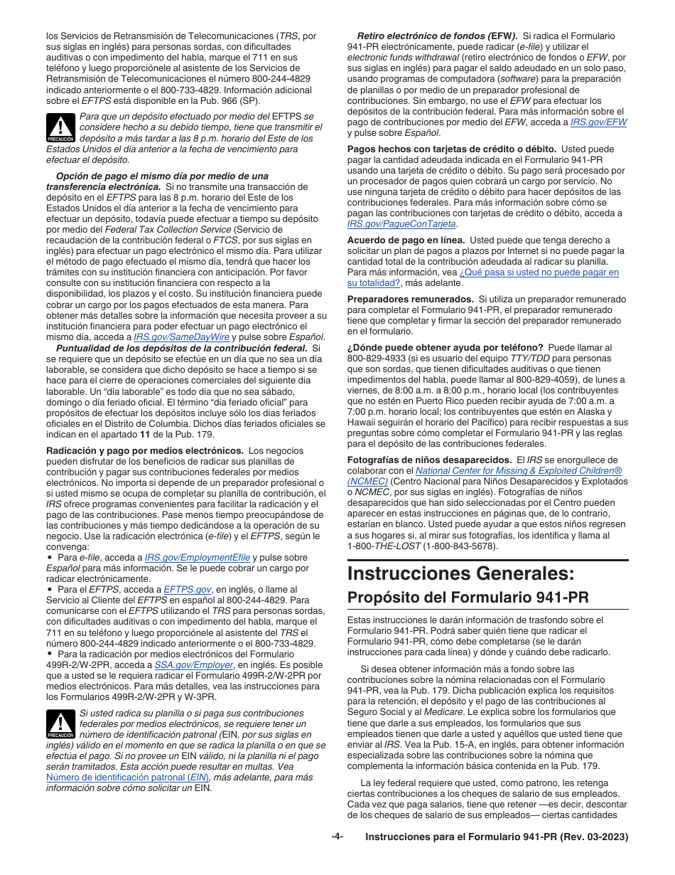 Instrucciones para IRS Formulario 941-PR Planilla Para La Declaracion Federal Trimestral Del Patrono (Puerto Rican Spanish), Page 4