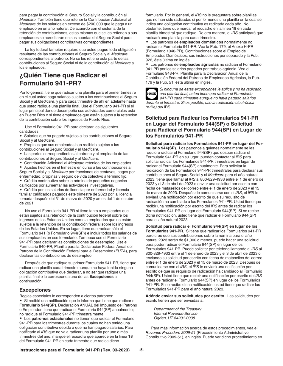 Instrucciones para IRS Formulario 941-PR Planilla Para La Declaracion Federal Trimestral Del Patrono (Puerto Rican Spanish), Page 5