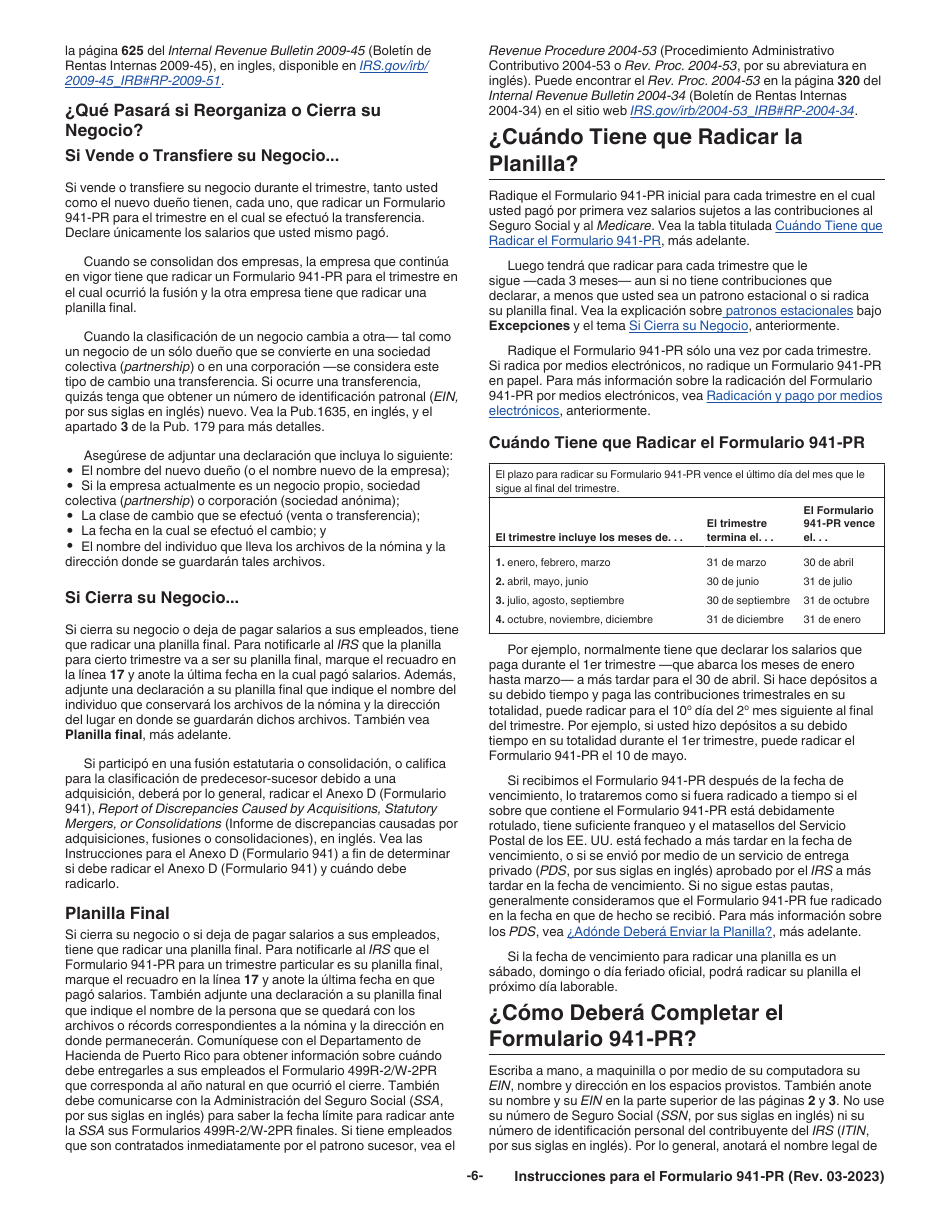 Instrucciones para IRS Formulario 941-PR Planilla Para La Declaracion Federal Trimestral Del Patrono (Puerto Rican Spanish), Page 6