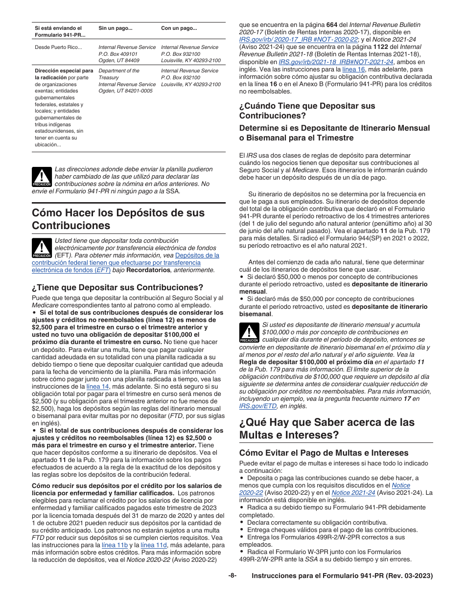 Instrucciones para IRS Formulario 941-PR Planilla Para La Declaracion Federal Trimestral Del Patrono (Puerto Rican Spanish), Page 8