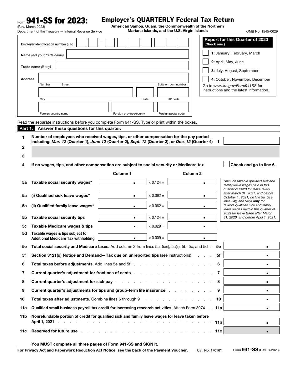 IRS Form 941SS Download Fillable PDF or Fill Online Employer's