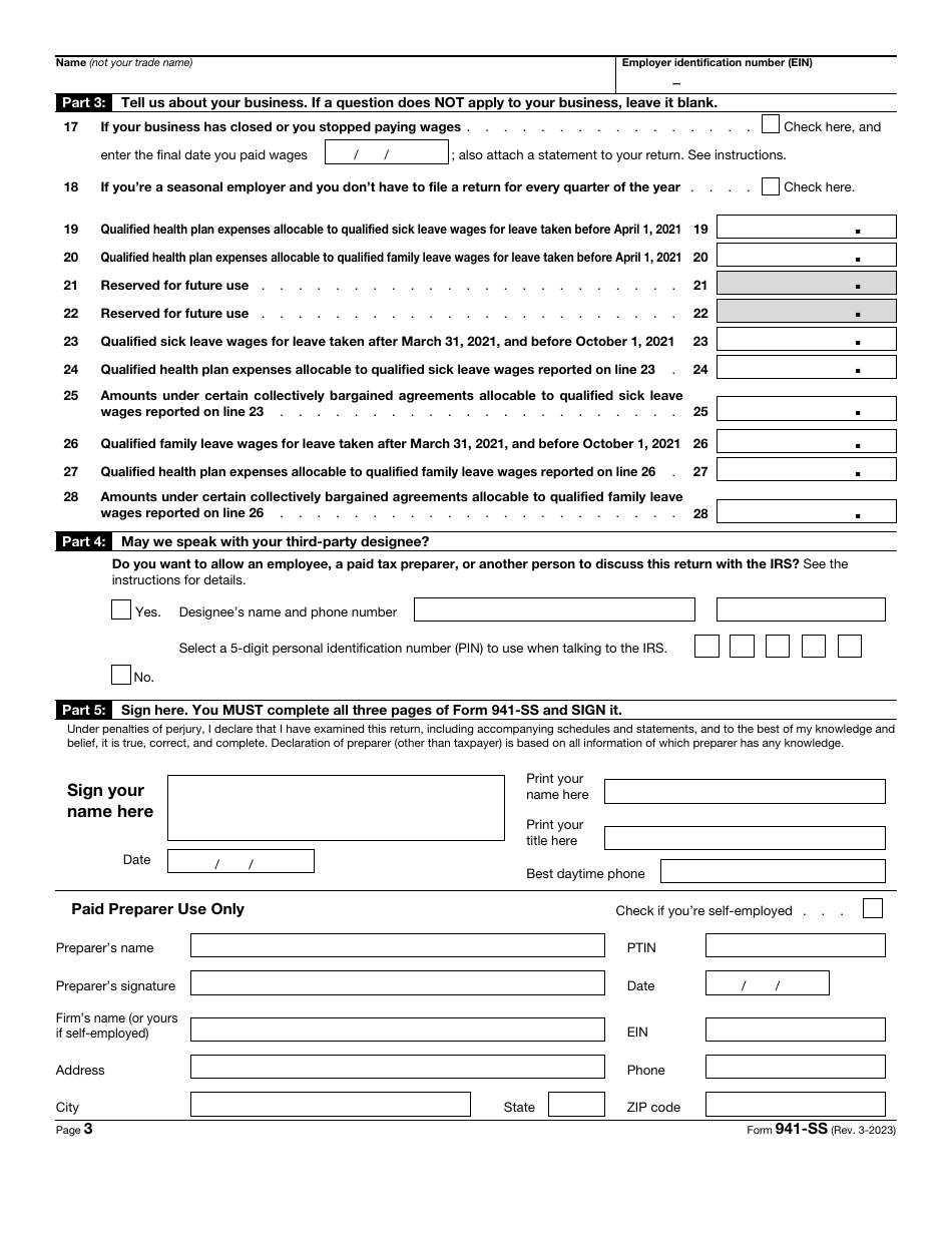 IRS Form 941-SS Employers Quarterly Federal Tax Return, Page 3