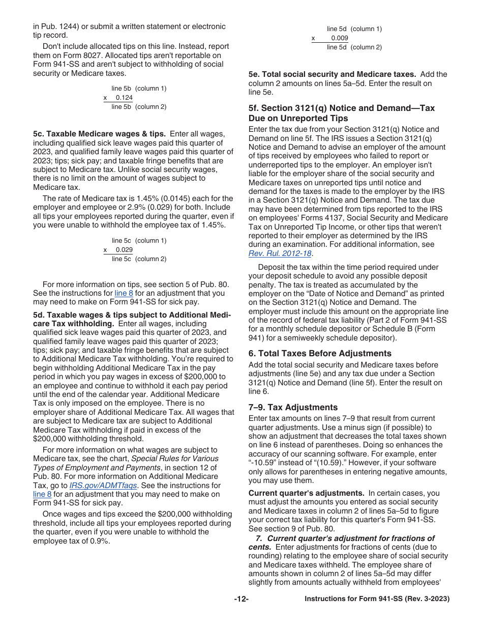 Download Instructions for IRS Form 941-SS Employer's Quarterly Federal ...