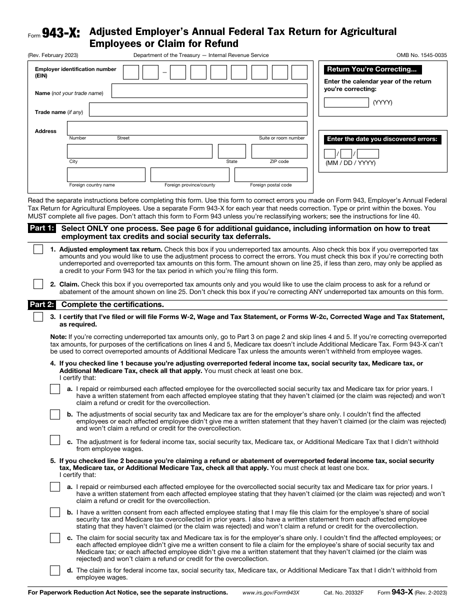 IRS Form 943-X Adjusted Employers Annual Federal Tax Return for Agricultural Employees or Claim for Refund, Page 1