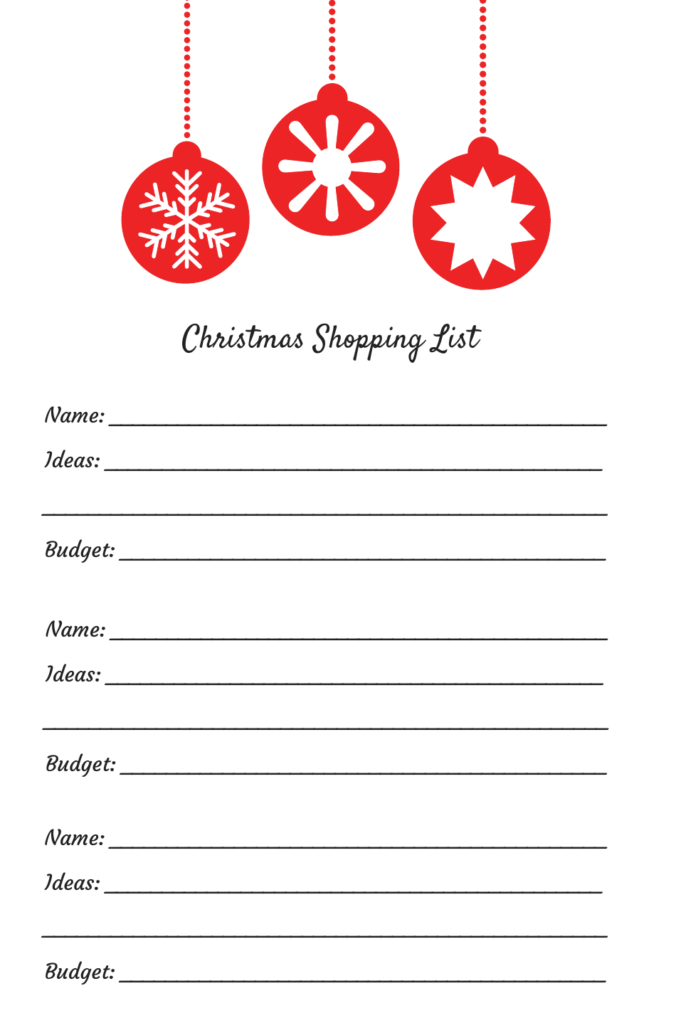 Christmas Gift Ideas Shopping List Template Download Printable PDF