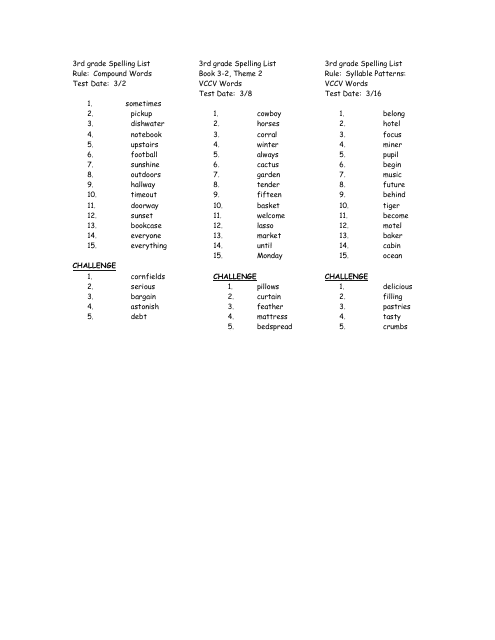 3rd Grade Spelling List Download Printable PDF Templateroller