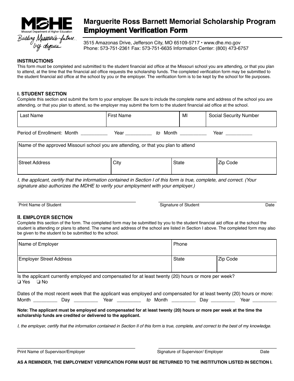 Marguerite Ross Barnett Memorial Scholarship Program Employment Verification Form - Missouri, Page 1