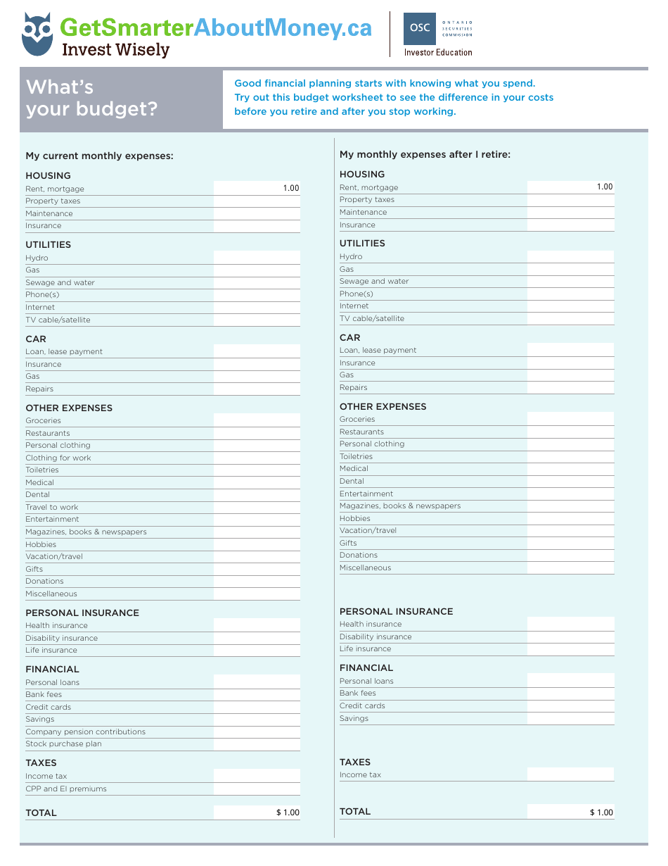 Retirement Budget Worksheet - Ontario, Canada, Page 1