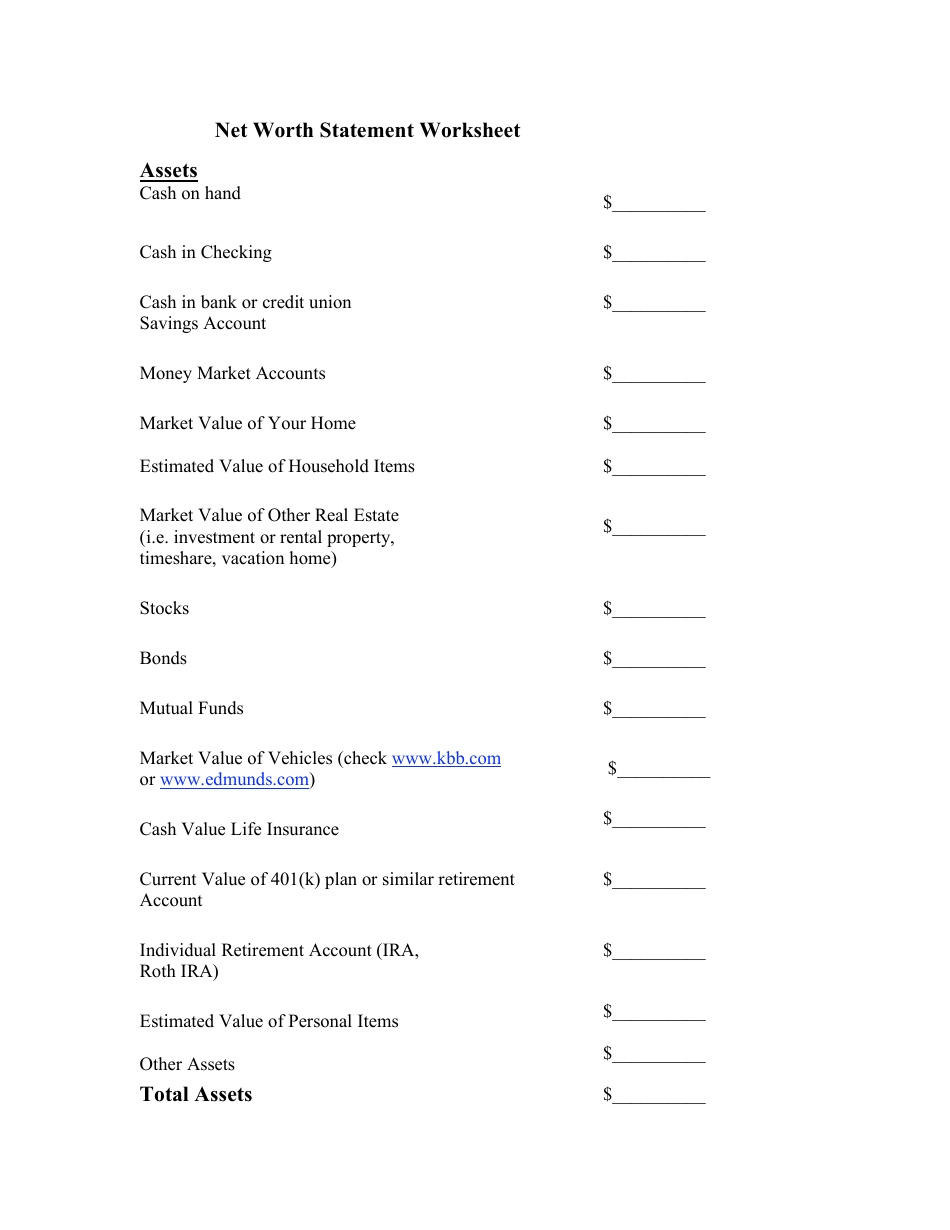 Net Worth  Statement Worksheet Download Printable PDF  Templateroller Throughout  Personal Net Worth Worksheet