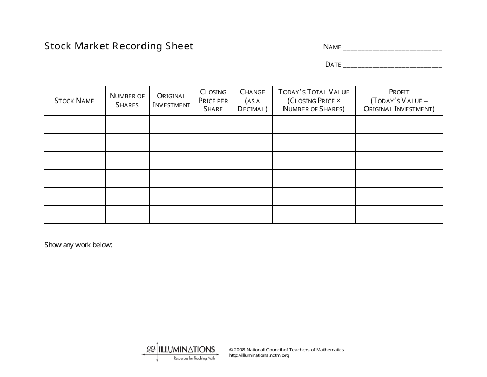 Stock Market Recording Sheet Template - National Council of Teachers of Mathematics