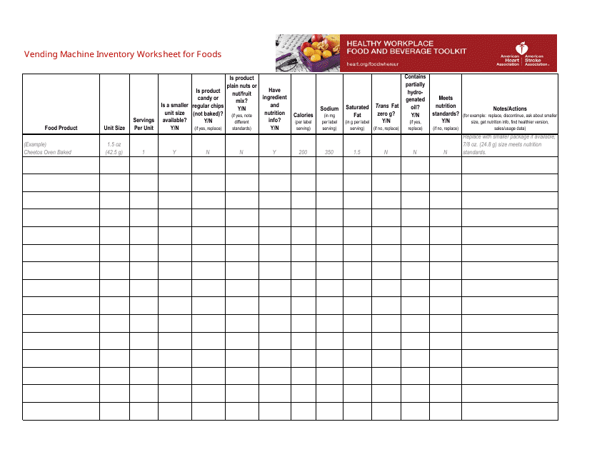 &quot;Vending Machine Inventory Worksheet for Foods Template - American Heart Association&quot; Download Pdf