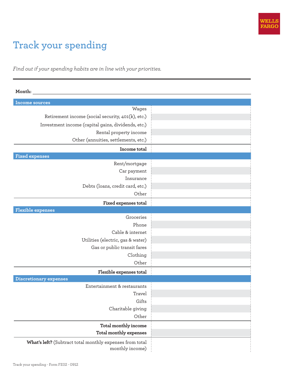 Monthly Spending Spreadsheet Template - Wells Fargo, Page 1