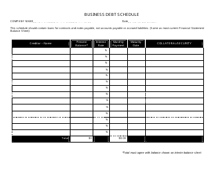 Document preview: Business Debt Schedule Template - Black and White